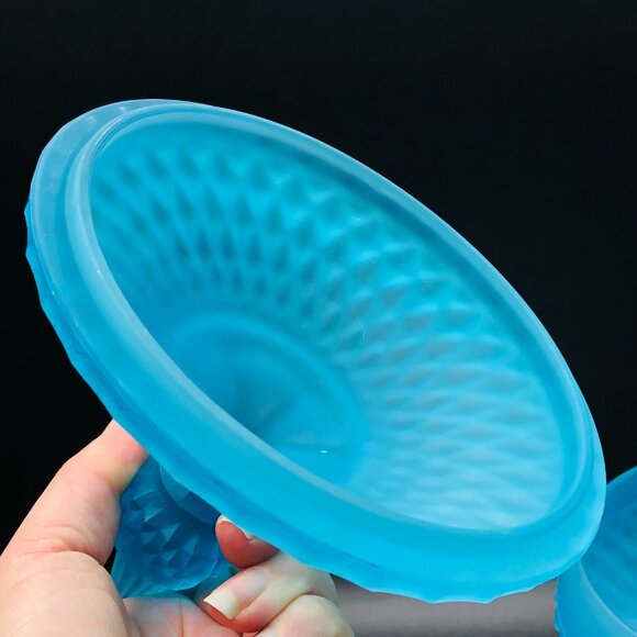 Vintage Indiana Glass Satin Mist Blue Diamond Point Candy Wedding Box Compote - Picture 10 of 14